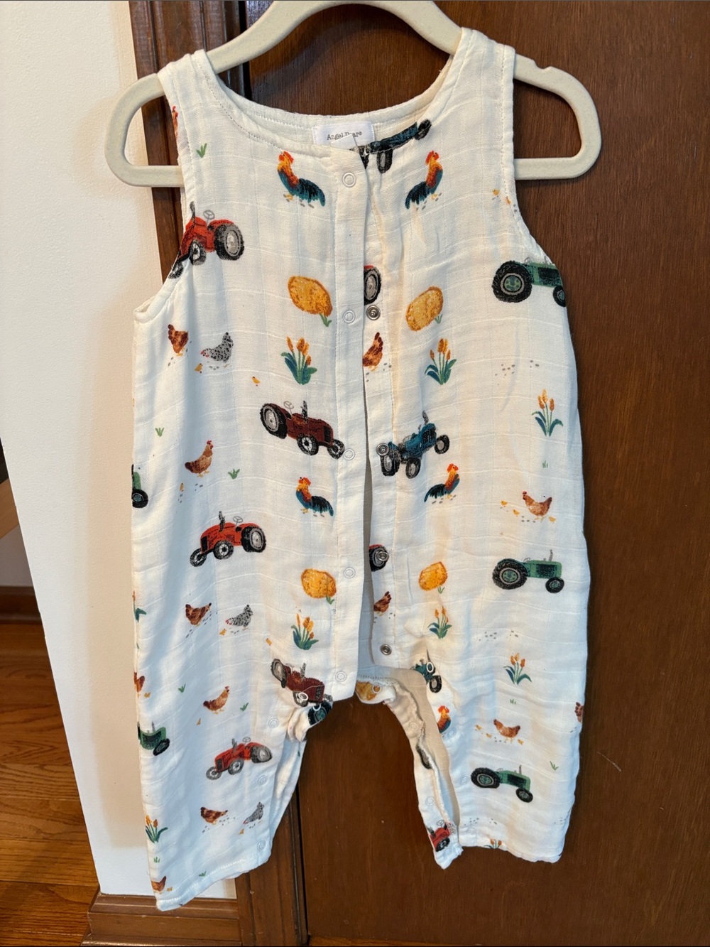 Angel Dear White Muslin Romper with Tractor & Farm Print